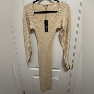 Fashion Nova Cream Long Sleeve Dress